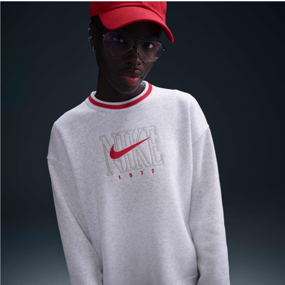 Nike Phoenix Fleece Crewneck Sweater in Gray with Red Accents